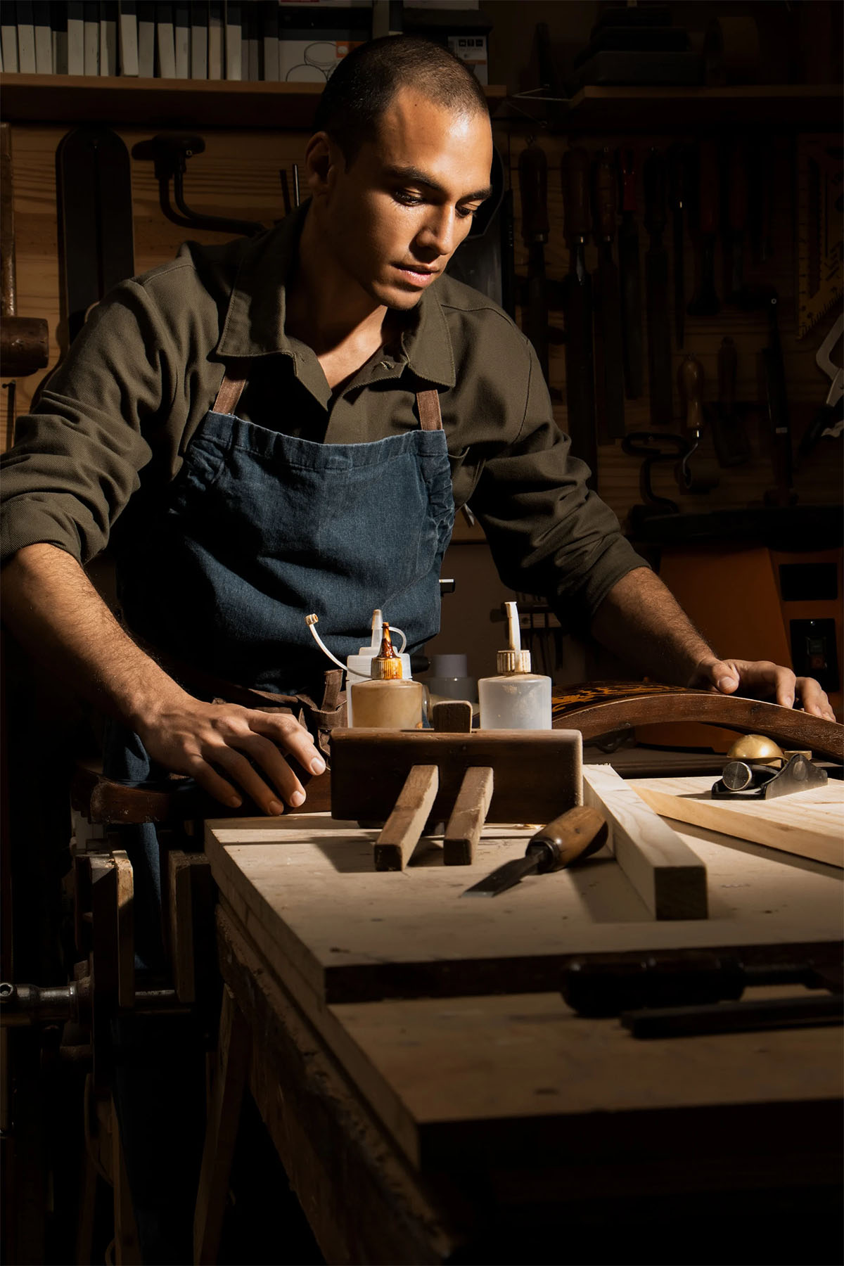 Cinematic Woodwork Male Woodworker in a Shop